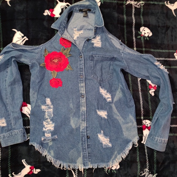 Denim Shoulder out Top with Floral Embellishment - Picture 5 of 8
